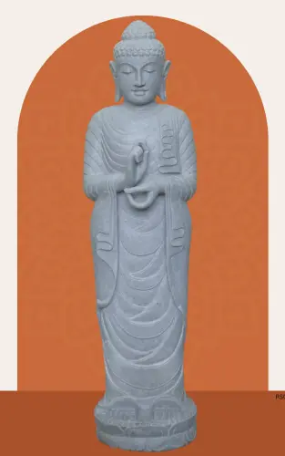 Product image of the product “Standing Buddha made of Riverstone in Dharmachakra position - gesture of wheel of the teaching of Dharma. About 151cm height ”